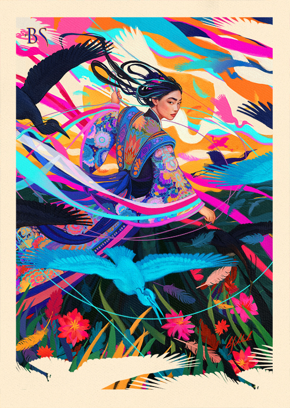 Change of Seasons fantasy illustration featuring a woman, cranes and a colorful landscape