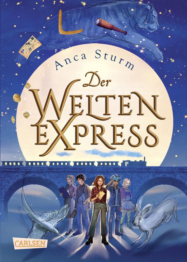 Der Welten-Express fantasy book cover featuring five young people, a magical train and ghostly animals beneath a large moon