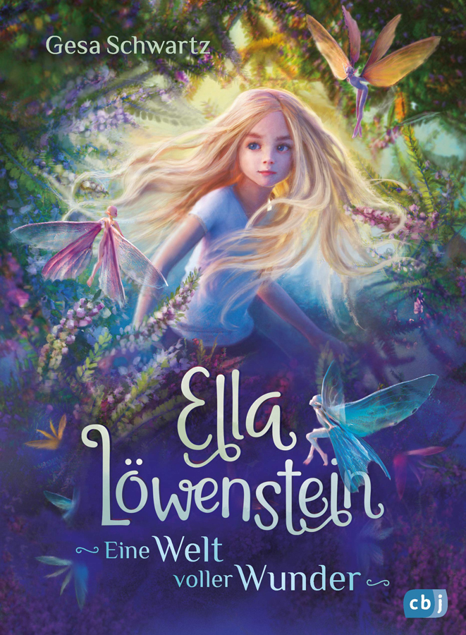 Ella Löwenstein fantasy children's book cover featuring a girl in a magical blue-violet forest surrounded by fairies