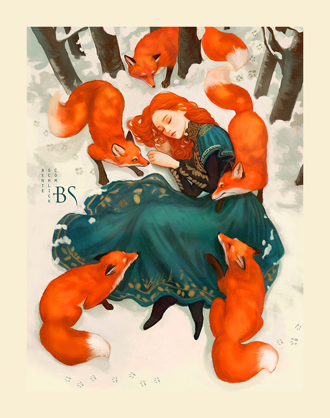 Fantasy illustration of a red-haired girl sleeping in the snow surrounded by red foxes by Bente Schlick.