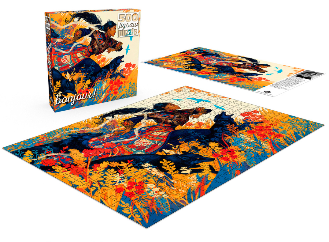 Completed Buffalo Games Forsythia jigsaw puzzle featuring a fantasy woman and wolves in a flower-filled landscape.