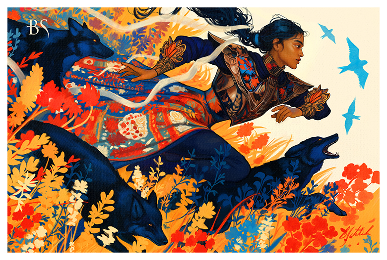 Forsythia fantasy illustration by Bente Schlick featuring a woman running with wolves through a field of flowers.