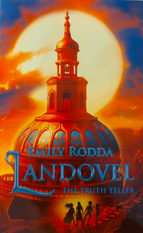 Landovel fantasy book cover illustration featuring an enormous ornate tower and four small figures in a vivid red and orange landscape