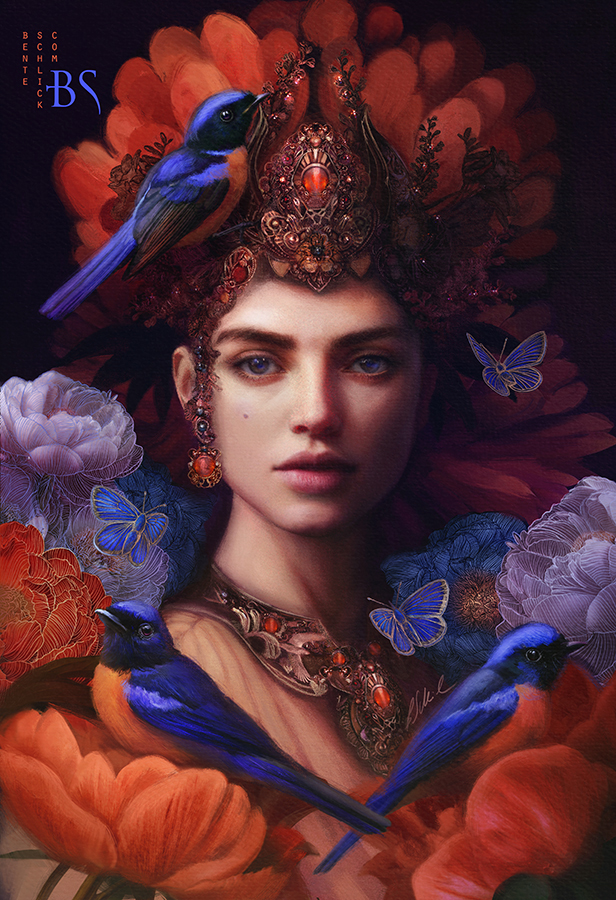 Painterly fantasy portrait of a woman wearing an ornate headdress with three colorful birds by Bente Schlick.