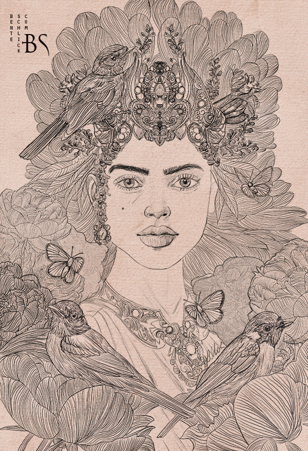 Line art of a woman wearing an ornate fantasy headdress with three birds, created for Orange Bloom by Bente Schlick