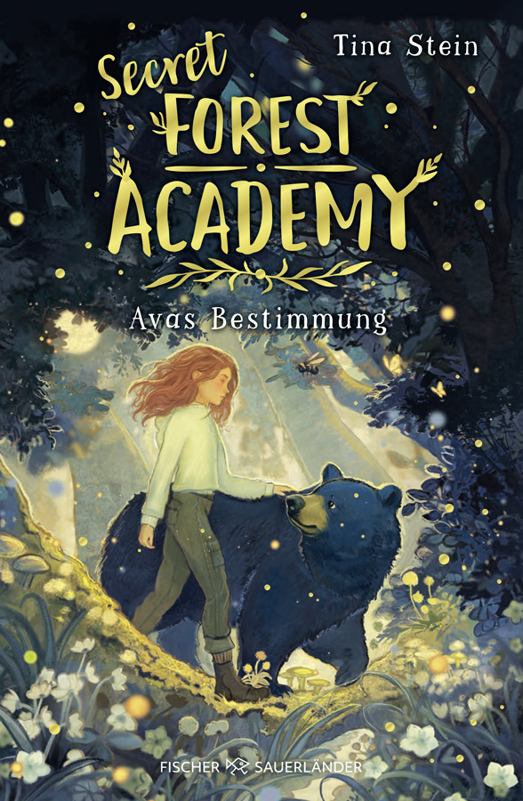 Secret Forest Academy children's book cover illustration featuring a red-haired girl and a black bear in a magical forest