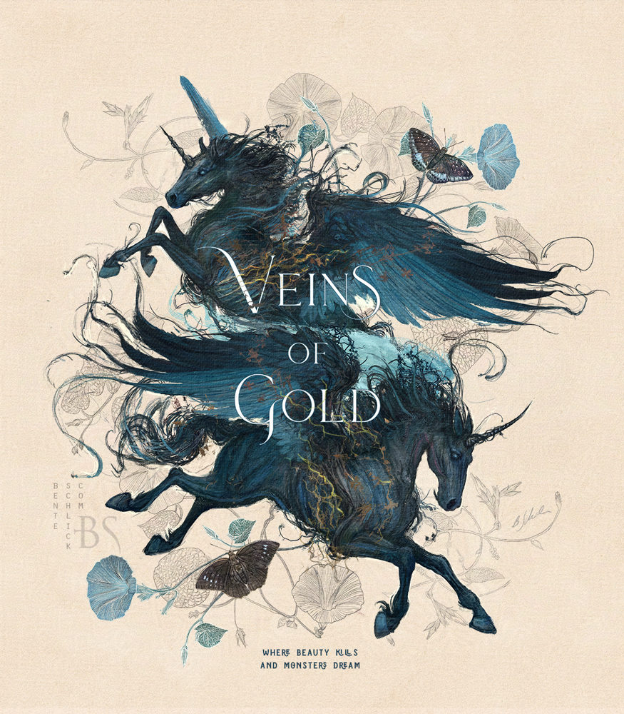 Two winged monster unicorns in a dark fantasy setting, glowing veins of gold across their bodies, designed as a dramatic book cover illustration