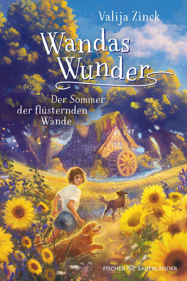 Wandas Wunder children's book cover illustration by Bente Schlick featuring a girl, a house and a magical summer landscape