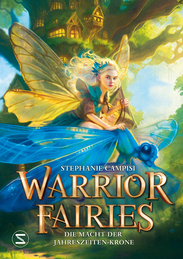 Warrior Fairies fantasy book cover featuring a fairy riding a giant blue dragonfly