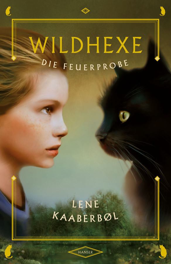 Wildhexe - Die Feuerprobe fantasy book cover featuring a girl in profile facing a black cat